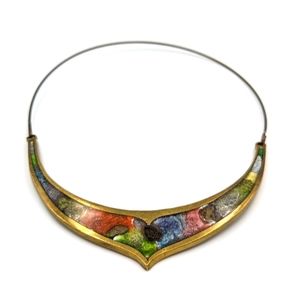 Brass Hinged Necklace Multicolor Enamel Modernist Abstract Retro/Vintage 16"